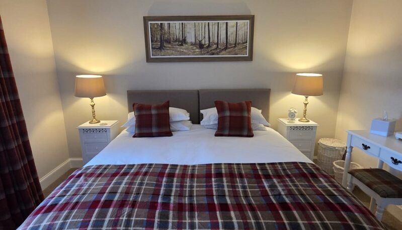 A bedroom with a large bed covered in a red and grey tartan blanket, two white bedside tables with lamps, and a framed picture of a forest above the headboard.
