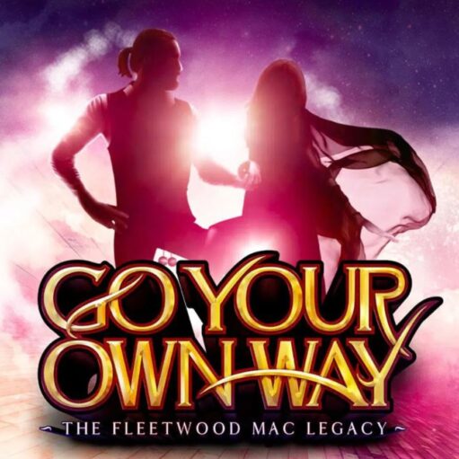 Promotional poster for "Go Your Own Way: The Fleetwood Mac Legacy," featuring the title in large, bold, stylized letters in shades of red, orange, and gold. Above the title are two silhouetted figures, a man and a woman, holding hands and dancing on a stage bathed in bright purple and pink light.