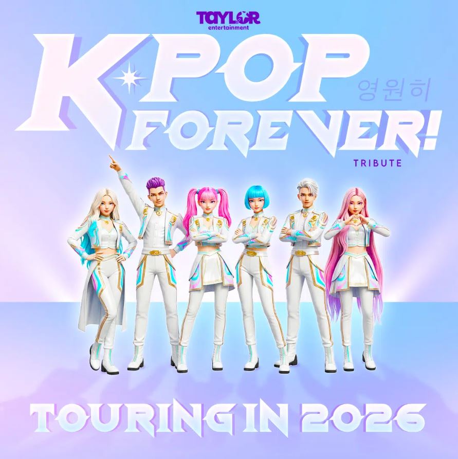 A promotional image for "K-Pop Forever! Tribute" touring in 2026. The image features a lineup of six 3D animated figures in white and light blue K-Pop-inspired outfits, all with brightly colored hair (blonde, purple, pink, blue, silver, and pink). The text "K-Pop Forever!" and the Korean phrase '영원히' (yeong-won-hi) are prominent in the background.