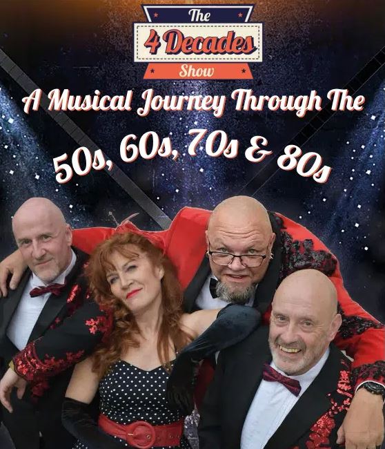 Promotional poster for "The 4 Decades Show: A Musical Journey Through The 50s, 60s, 70s & 80s." The image features four adult performers, three men and one woman, posing closely together on a stage. The woman is wearing a black polka-dot dress with a red belt, and the men are wearing suits, two in black tuxedos with red bow ties, and one in a bright red jacket embroidered with black patterns.