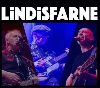 Promotional image for the band Lindisfarne, featuring a collage of three members performing on stage under different colored lights. The left image shows a singer/guitarist under red light, the center shows a musician wearing a flat cap playing a slide guitar under blue light, and the right shows a singer/guitarist under warm light. The word "LINDISFARNE" is in large white letters across the top.