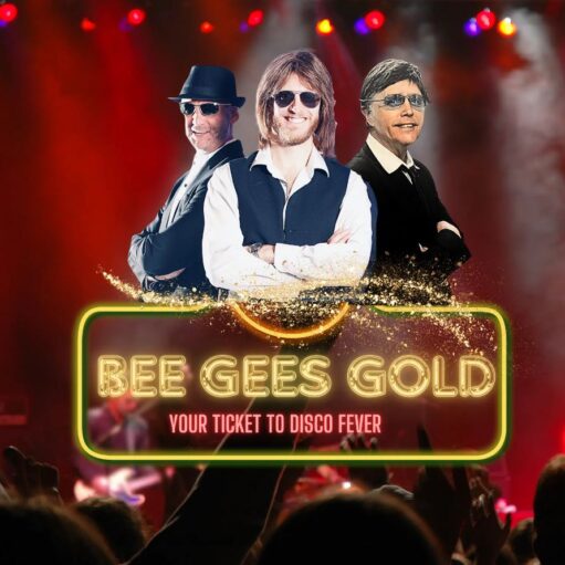 Promotional image for the tribute show "Bee Gees Gold: Your Ticket to Disco Fever." It features three male performers dressed in Bee Gees-style attire: one in a fedora, one with long hair and a white shirt/dark vest, and one in a dark sweater and glasses. They are standing above a neon sign that reads "BEE GEES GOLD" over a crowd of uplifted hands at a concert.