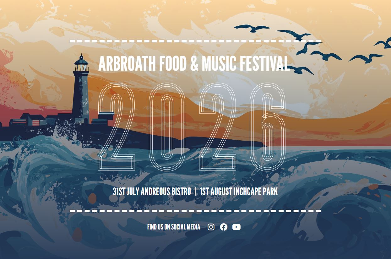 An illustrated poster for the Arbroath Food & Music Festival 2026, featuring a lighthouse on a rocky coast with large waves. The text reads: "ARBROATH FOOD & MUSIC FESTIVAL 2026. 31ST JULY ANDREOUS BISTRO | 1ST AUGUST INCHCAPE PARK. FIND US ON SOCIAL MEDIA," with icons for Instagram, Facebook, and YouTube.