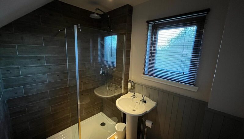 Modern bathroom with a glass-enclosed shower, wood-plank style tiled walls, a white pedestal sink, and a window with horizontal blinds.