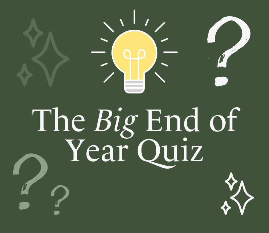 A graphic image with a dark green background, featuring a yellow illuminated lightbulb at the top center, and several white stylized question marks and sparkles scattered around. The text in the center reads: "The Big End of Year Quiz".