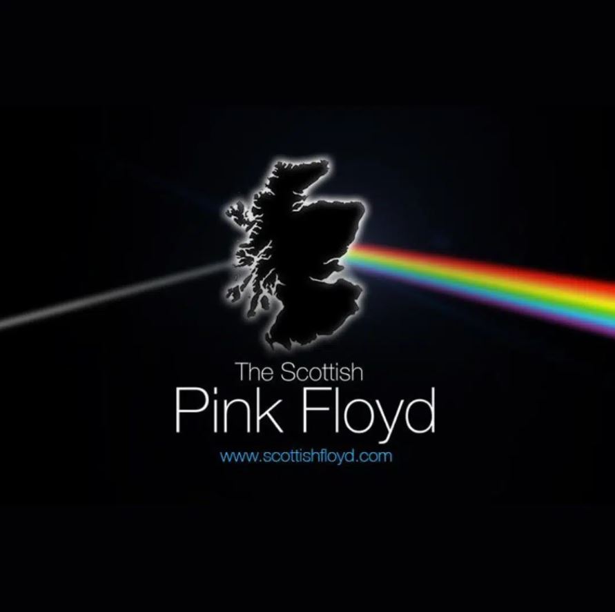 A graphic with a dark background featuring a silhouette of the map of Scotland in the center. A beam of white light enters from the left and passes behind the silhouette, exiting on the right as a rainbow spectrum. Below the image, the white text reads "The Scottish Pink Floyd" and "www.scottishfloyd.com".