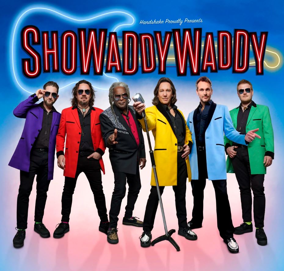 A promotional poster for the band "Showaddywaddy," featuring six male band members wearing bright, colorful, long blazers (purple, red, black, yellow, light blue, and green) over black clothing. They are standing on a stage with a pink glow, under a neon light outline of a guitar shape against a blue gradient sky. The band's name is in large neon-style lettering above them.