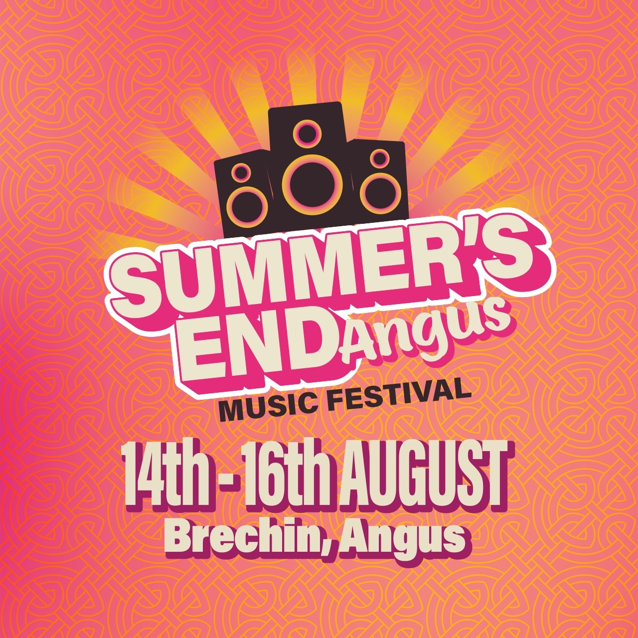 A promotional poster for the "Summer's End Angus Music Festival" in Brechin, Angus, held from the 14th-16th August. The graphic has a pink and orange background with a sunburst pattern and features a stack of three stylized black speaker icons at the top.