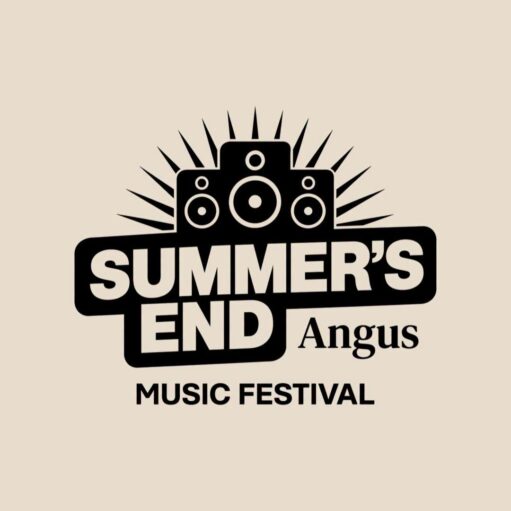 Logo for the "Summer's End Angus Music Festival" featuring black stylized speakers with radiating soundburst rays on a light cream background.