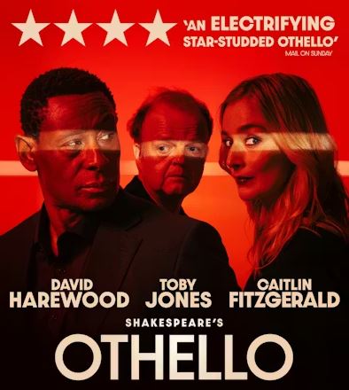 A promotional poster for Shakespeare's Othello against a red background featuring three actors—David Harewood, Toby Jones, and Caitlin Fitzgerald—with horizontal white and red stripes painted across their faces. Below their names, the title Othello is in large font.