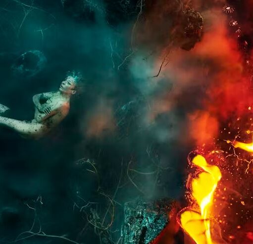 A surreal image split between dark, smoky blue-green on the left, where a woman with light hair and body paint is floating, and bright, roaring fire and embers on the right.