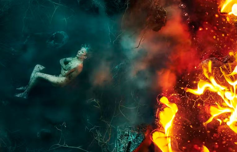 A surreal image split between dark, smoky blue-green on the left, where a woman with light hair and body paint is floating, and bright, roaring fire and embers on the right.