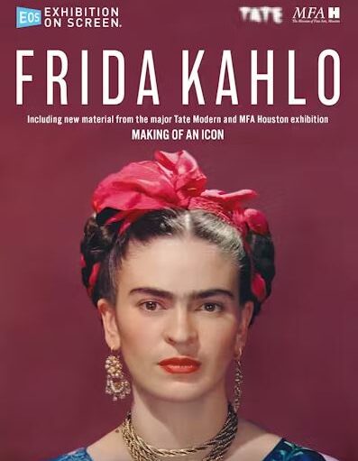 A close-up portrait of the artist Frida Kahlo, wearing a red floral headdress, gold earrings, and a braided gold necklace, against a reddish-purple background. The text "FRIDA KAHLO" is in large white font above her image, and smaller text mentions an exhibition titled "MAKING OF AN ICON."