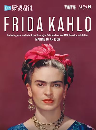 A close-up portrait of the artist Frida Kahlo, wearing a red floral headdress, gold earrings, and a braided gold necklace, against a reddish-purple background. The text "FRIDA KAHLO" is in large white font above her image, and smaller text mentions an exhibition titled "MAKING OF AN ICON."