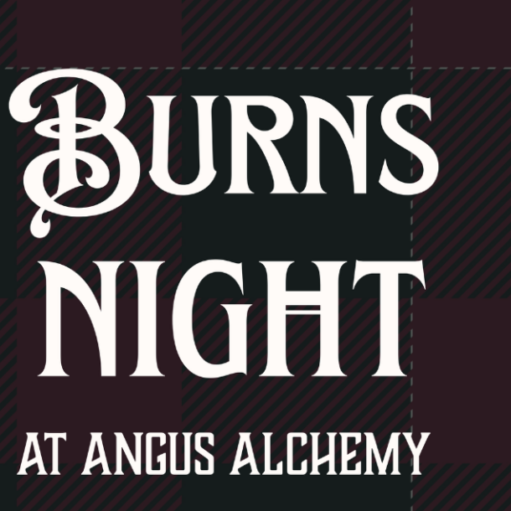A graphic with white text on a dark tartan background. The text reads: "BURNS NIGHT" in a large decorative font, followed by "AT ANGUS ALCHEMY" in a smaller, simple font.