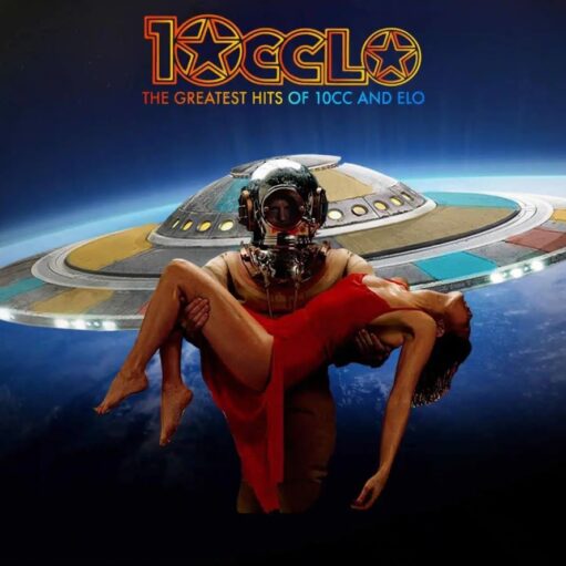 An album cover for "10cc & ELO: The Greatest Hits of 10cc and ELO." It features a diver in a helmet holding a woman in a red dress against the backdrop of a flying saucer in space.