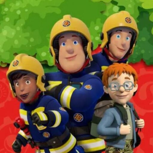 A cartoon image of four characters from the animated children's television show Fireman Sam. Three are in yellow helmets and blue and yellow firefighter uniforms, and one is a boy with red hair and glasses, wearing a blue jacket and a backpack.