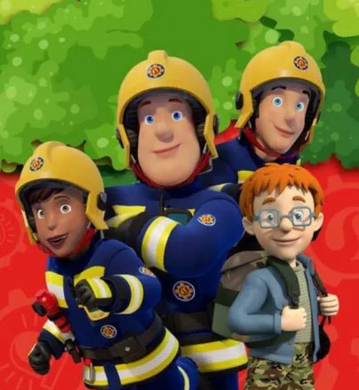 A cartoon image of four characters from the animated children's television show Fireman Sam. Three are in yellow helmets and blue and yellow firefighter uniforms, and one is a boy with red hair and glasses, wearing a blue jacket and a backpack.