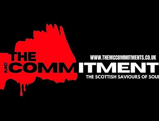A black graphic with the logo for the band "The MC Commitments." The text "THE MC COMMITMENTS" is in white, stylized font over a red, dripping silhouette shaped somewhat like a profile. Below the name is the tagline "THE SCOTTISH SAVIOURS OF SOUL."