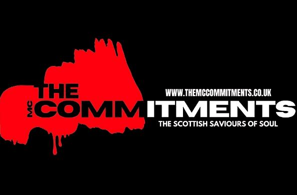 A black graphic with the logo for the band "The MC Commitments." The text "THE MC COMMITMENTS" is in white, stylized font over a red, dripping silhouette shaped somewhat like a profile. Below the name is the tagline "THE SCOTTISH SAVIOURS OF SOUL."
