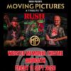 This promotional poster for "Moving Pictures: A Tribute to Rush" presented by Broon features live performance photos of three musicians—a guitarist, a drummer, and a bassist—arranged in vertical panels. Set against a dark background with an "MP" logo, the text announces the event at the Webster Memorial Theatre in Arbroath on Friday 11 Sept 2026.