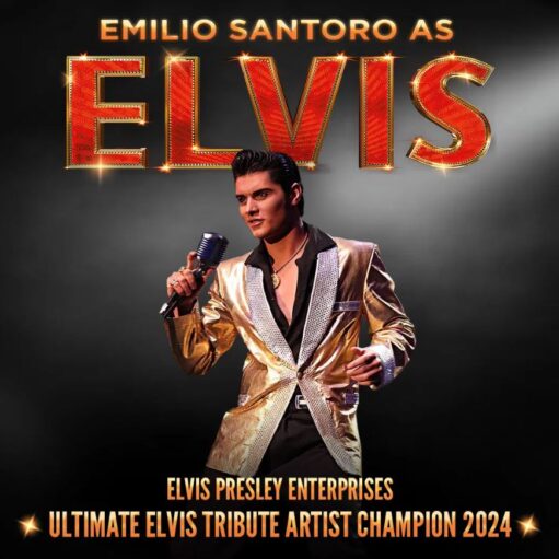 This promotional poster for "Emilio Santoro as Elvis" features a performer in a shimmering gold blazer with silver lapels, holding a vintage-style microphone against a dark, smoky background. Large, illuminated red and gold letters spell out "ELVIS" at the top, while the bottom text identifies him as the Elvis Presley Enterprises Ultimate Elvis Tribute Artist Champion 2024.