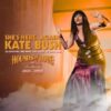 This promotional poster for "Hounds of Love: The Kate Bush Celebration" features a performer with long dark hair in a shimmering purple floor-length gown, striking a dramatic pose amidst stage fog. Bold gold text reads "SHE'S HERE. AGAIN. KATE BUSH," followed by "Celebrating the music and story of Kate Bush." The show's logo is displayed in a stylized vintage font, accompanied by five-star reviews praising the "Amazing show" and "Incredible voice."
