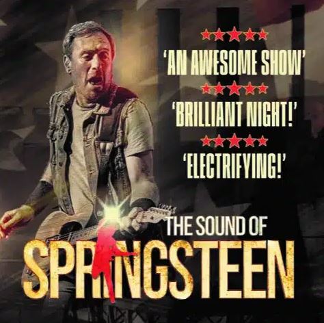 This promotional poster for "The Sound of Springsteen" features a high-energy live performance shot of a male musician playing an electric guitar and singing passionately. The title "SPRINGSTEEN" is written in large, distressed yellow block letters at the bottom, partially overlaid by a red silhouette of a guitarist. The right side of the image displays several five-star reviews with bold captions including "An Awesome Show," "Brilliant Night!", and "Electrifying!"