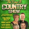 This promotional poster for "The Keep It Country Show" by JMG Music Group features a bright green textured background. The title is written in large, metallic silver block letters, stating the show features "4 of Ireland's Top Stars!". The named performers—Philomena Begley, Robert Mizzell, Kathy Durkin, and Shaun Loughrey—are shown in smiling headshots arranged at the bottom of the poster.