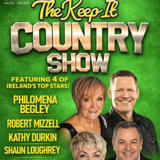 This promotional poster for "The Keep It Country Show" by JMG Music Group features a bright green textured background. The title is written in large, metallic silver block letters, stating the show features "4 of Ireland's Top Stars!". The named performers—Philomena Begley, Robert Mizzell, Kathy Durkin, and Shaun Loughrey—are shown in smiling headshots arranged at the bottom of the poster.