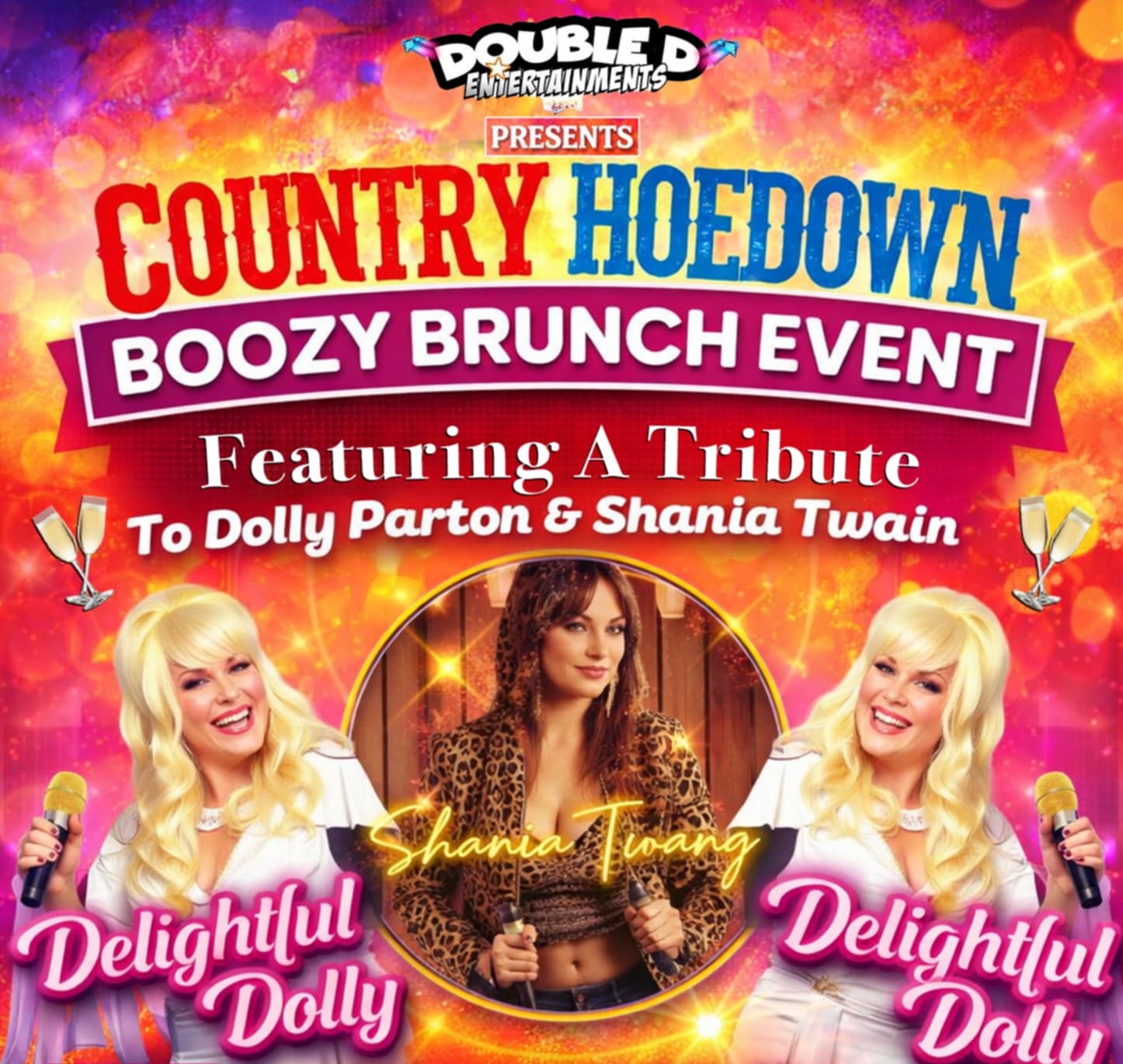 An image of a promotional flyer for a Country Hoedown Boozy Brunch Event presented by Double D Entertainments. The flyer features tribute performers "Delightful Dolly" and "Shania Twang," with photos of the artists against a vibrant, glittering red and gold background.