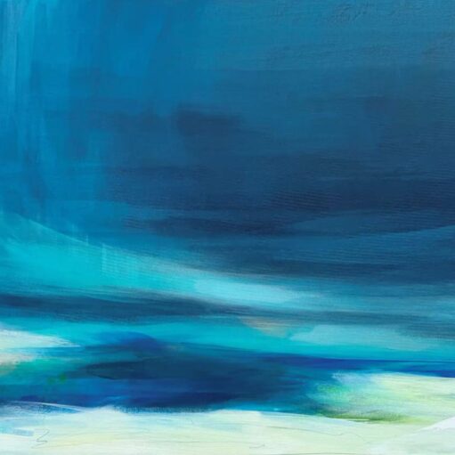 An abstract oil painting featuring horizontal sweeps of color in various shades of blue, ranging from deep navy at the top to bright turquoise and teal in the center. The bottom of the composition consists of textured white and pale cream strokes, suggesting a shoreline or horizon line, with visible brushwork throughout.