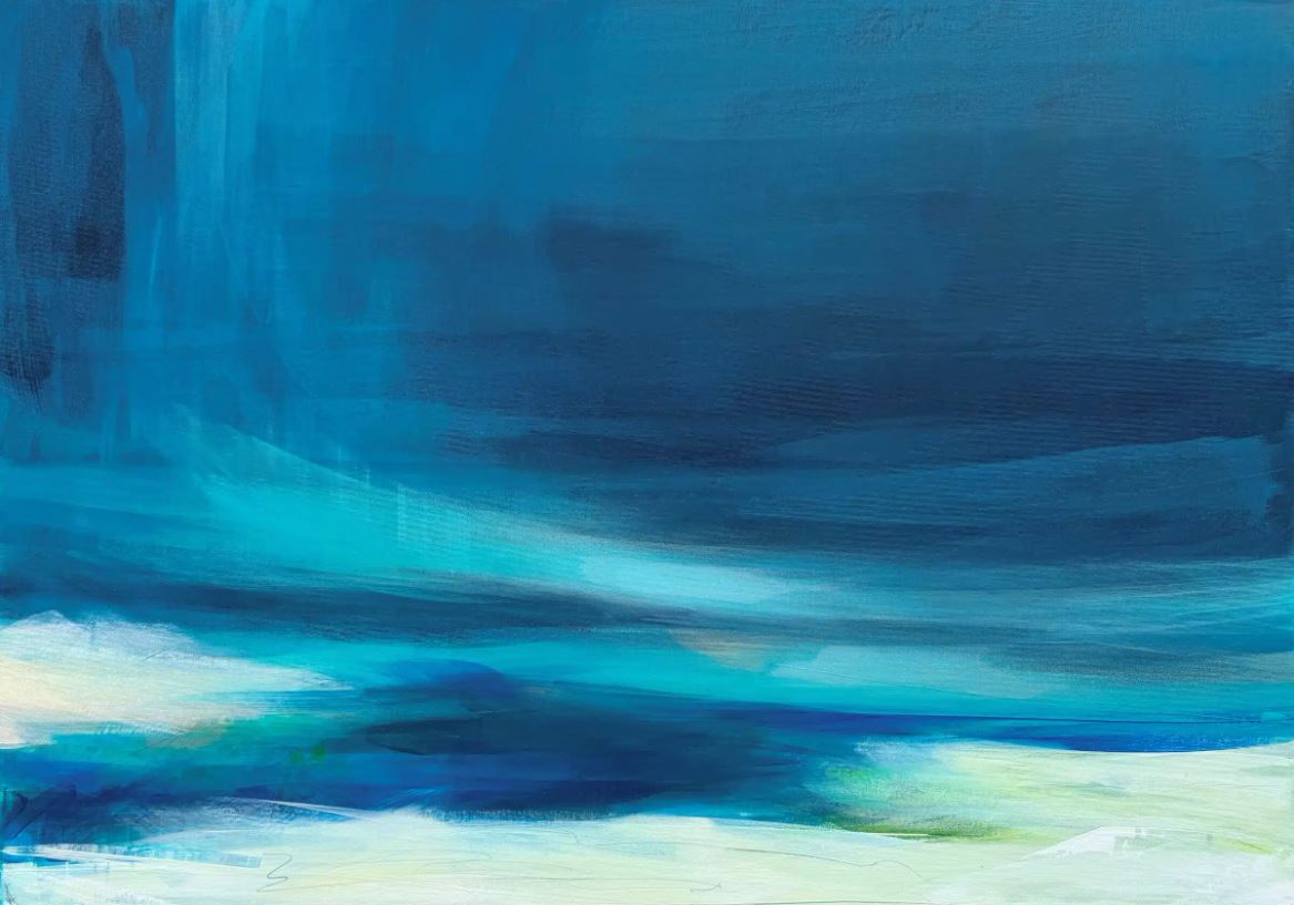An abstract oil painting featuring horizontal sweeps of color in various shades of blue, ranging from deep navy at the top to bright turquoise and teal in the center. The bottom of the composition consists of textured white and pale cream strokes, suggesting a shoreline or horizon line, with visible brushwork throughout.
