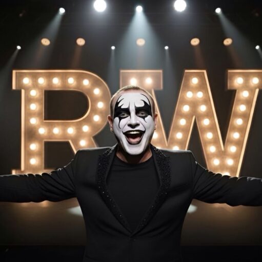 A man with elaborate black and white face paint, reminiscent of a mime or rock star, stands on a stage with his arms wide and an energetic, open-mouthed expression. He wears a black suit jacket with a sparkling lapel. In the background, large marquee-style letters "RW" glow with bright yellow bulbs under focused spotlights.