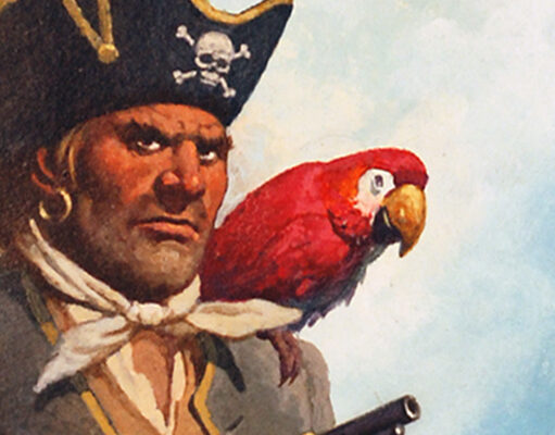 A classic illustration of a pirate with a stern expression, wearing a black tricorne hat featuring a skull and crossbones. A bright red parrot is perched on his shoulder. He is dressed in a dark coat with a white neckerchief and a gold-trimmed vest, set against a pale, painterly blue sky.