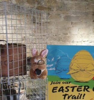 A plush Easter bunny sits on a wire mesh cage next to a colorful sign that says, "Join our EASTER EGG Trail!" Inside the cage is a vintage wooden crate labeled "EGGS." The sign features illustrations of blue, yellow, and red Easter eggs with ribbons against a blue sky.