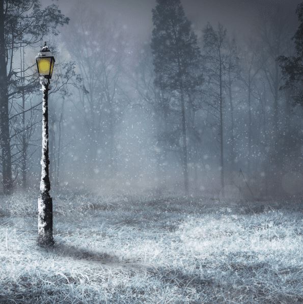 A snow-covered Victorian streetlamp glows with a warm yellow light in a misty, wintry forest during a snowfall.