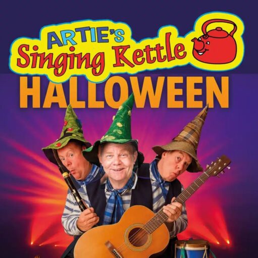 A promotional poster for "Artie's Singing Kettle Halloween" featuring three men dressed as wizards with pointed hats, one holding a guitar and another holding a flute. The background is a vibrant purple with bright lights, and the title is written in large, playful yellow and red letters.