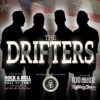 A promotional image for the singing group The Drifters, featuring silhouetted figures against a American flag background. Text indicates they are Rock & Roll Hall of Fame inductees, performed for the U.S. President, and are listed on Rolling Stone's 100 Greatest Artists of All Time.