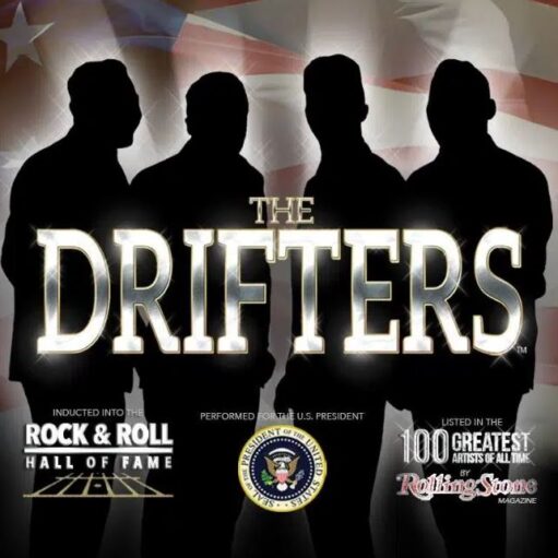 A promotional image for the singing group The Drifters, featuring silhouetted figures against a American flag background. Text indicates they are Rock & Roll Hall of Fame inductees, performed for the U.S. President, and are listed on Rolling Stone's 100 Greatest Artists of All Time.