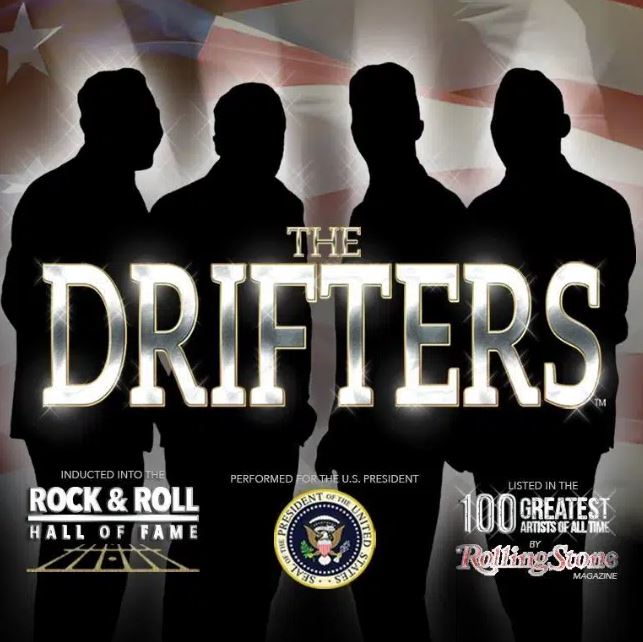 A promotional image for the singing group The Drifters, featuring silhouetted figures against a American flag background. Text indicates they are Rock & Roll Hall of Fame inductees, performed for the U.S. President, and are listed on Rolling Stone's 100 Greatest Artists of All Time.