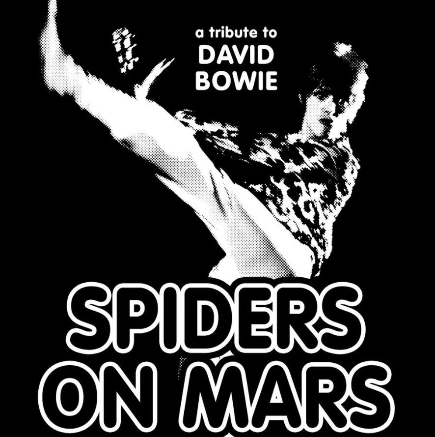 A high-contrast black and white graphic featuring a stylized silhouette of a musician striking a dramatic pose. Text above reads "a tribute to DAVID BOWIE", and large text below reads "SPIDERS ON MARS".