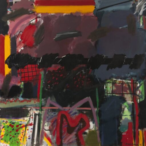 An abstract oil painting with bold, chaotic brushstrokes in red, yellow, purple, and black. A large, dark horizontal brushstroke dominates the center, with textured grids and colorful patches visible underneath.