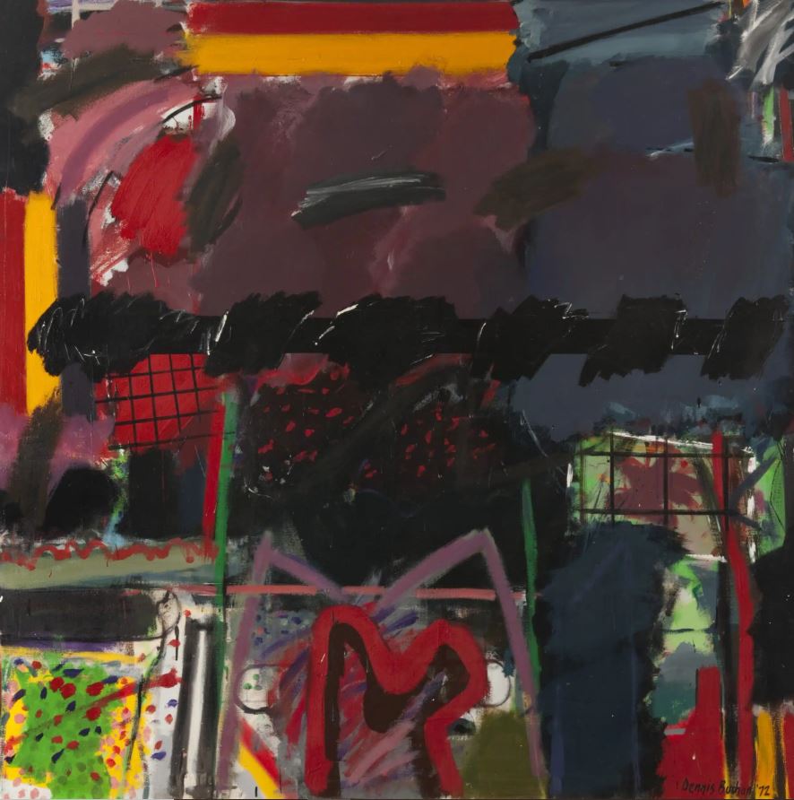 An abstract oil painting with bold, chaotic brushstrokes in red, yellow, purple, and black. A large, dark horizontal brushstroke dominates the center, with textured grids and colorful patches visible underneath.