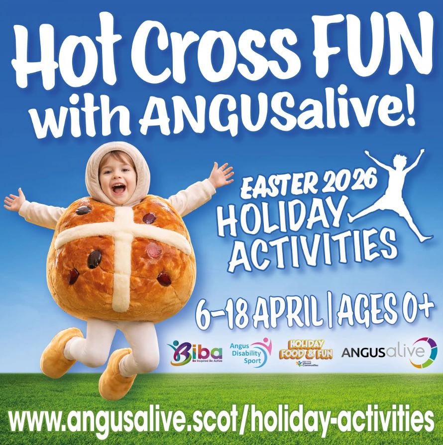 An advertisement for "Hot Cross FUN with ANGUSalive!" featuring a child wearing a hot cross bun costume while jumping over a green field. The text promotes "Easter 2026 Holiday Activities" from April 6–18 for ages 0 and up.