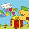A colourful cartoon illustration for "Spot's Birthday Party." On the right, Spot the dog—a yellow puppy with a brown spot and a green party crown—stands next to a large red gift box with green polka dots and a yellow ribbon. To the left, the words "Birthday Party" are written in large, playful, multi-colored 3D letters under a sign that says "Spot's." The scene is set outdoors against a bright blue sky and green rolling hills.