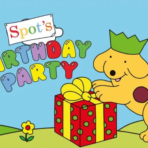 A colourful cartoon illustration for "Spot's Birthday Party." On the right, Spot the dog—a yellow puppy with a brown spot and a green party crown—stands next to a large red gift box with green polka dots and a yellow ribbon. To the left, the words "Birthday Party" are written in large, playful, multi-colored 3D letters under a sign that says "Spot's." The scene is set outdoors against a bright blue sky and green rolling hills.