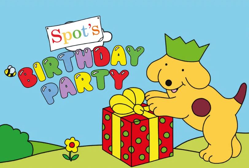 A colourful cartoon illustration for "Spot's Birthday Party." On the right, Spot the dog—a yellow puppy with a brown spot and a green party crown—stands next to a large red gift box with green polka dots and a yellow ribbon. To the left, the words "Birthday Party" are written in large, playful, multi-colored 3D letters under a sign that says "Spot's." The scene is set outdoors against a bright blue sky and green rolling hills.