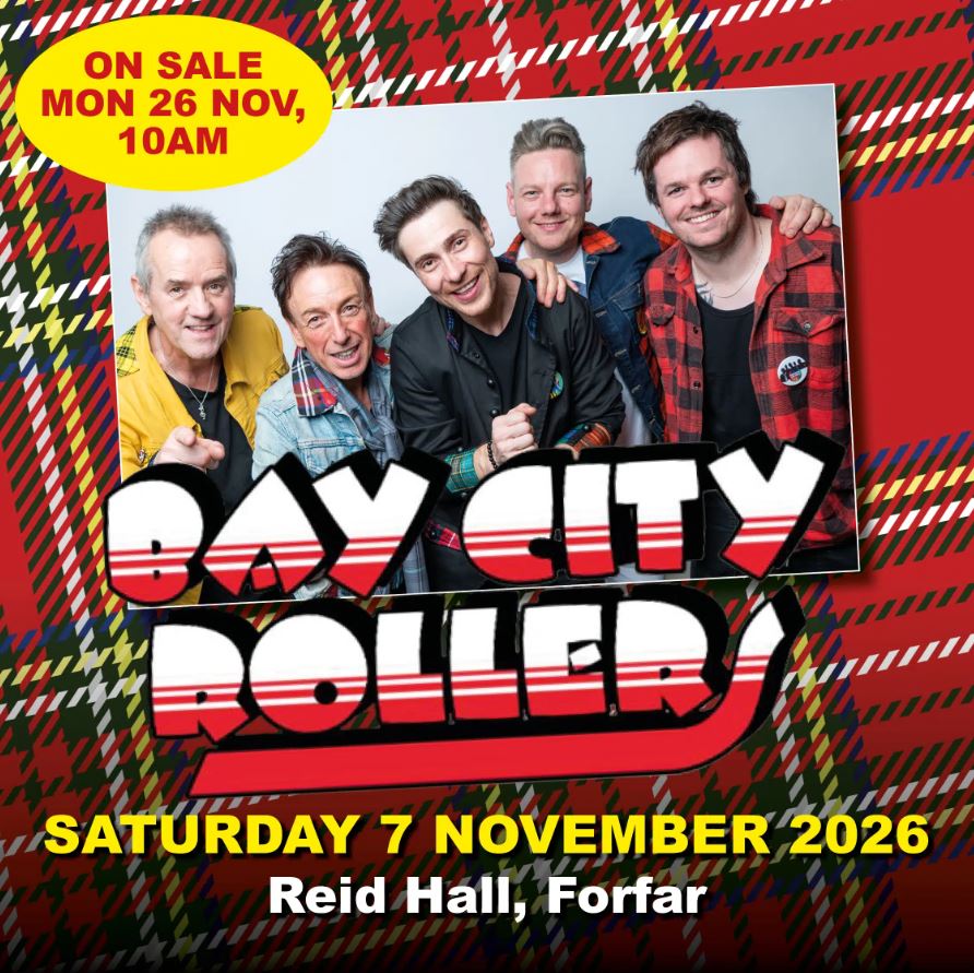 A promotional concert flyer for the band Bay City Rollers featuring a photograph of five smiling band members against a red tartan background. The "Bay City Rollers" logo is prominently displayed in a bold, stylized white and red font. The performance is scheduled for Saturday, 7 November 2026, at Reid Hall, Forfar.
