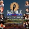A promotional poster for the Nashville Live Tribute Show, featuring a central retro microphone logo and a dark city background. Surrounding the title are portraits of iconic country music artists being celebrated, including Kenny Rogers, Shania Twain, Tammy Wynette, Josh Turner, Johnny Cash, Lady A, Patsy Cline, and The Chicks. The text promises a journey through the decades with over 30 hit songs, describing the event as "superb from start to finish."